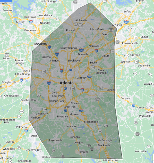 Atlanta, GA service area map RCB Roofing