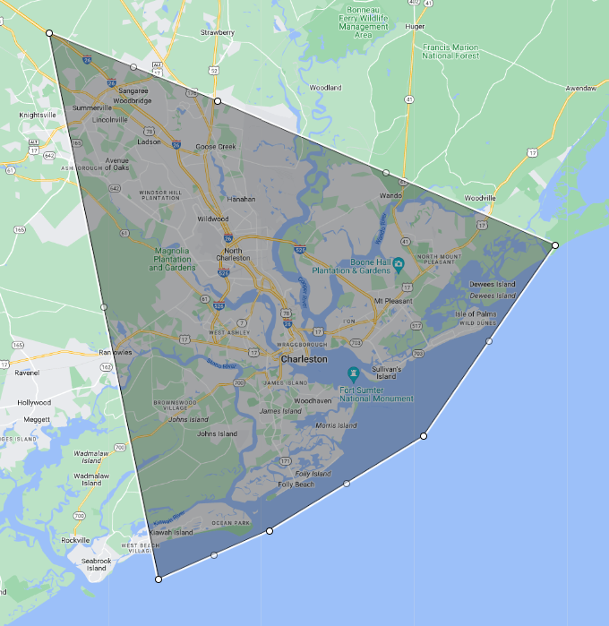Charleston, SC service area map RCB Roofing
